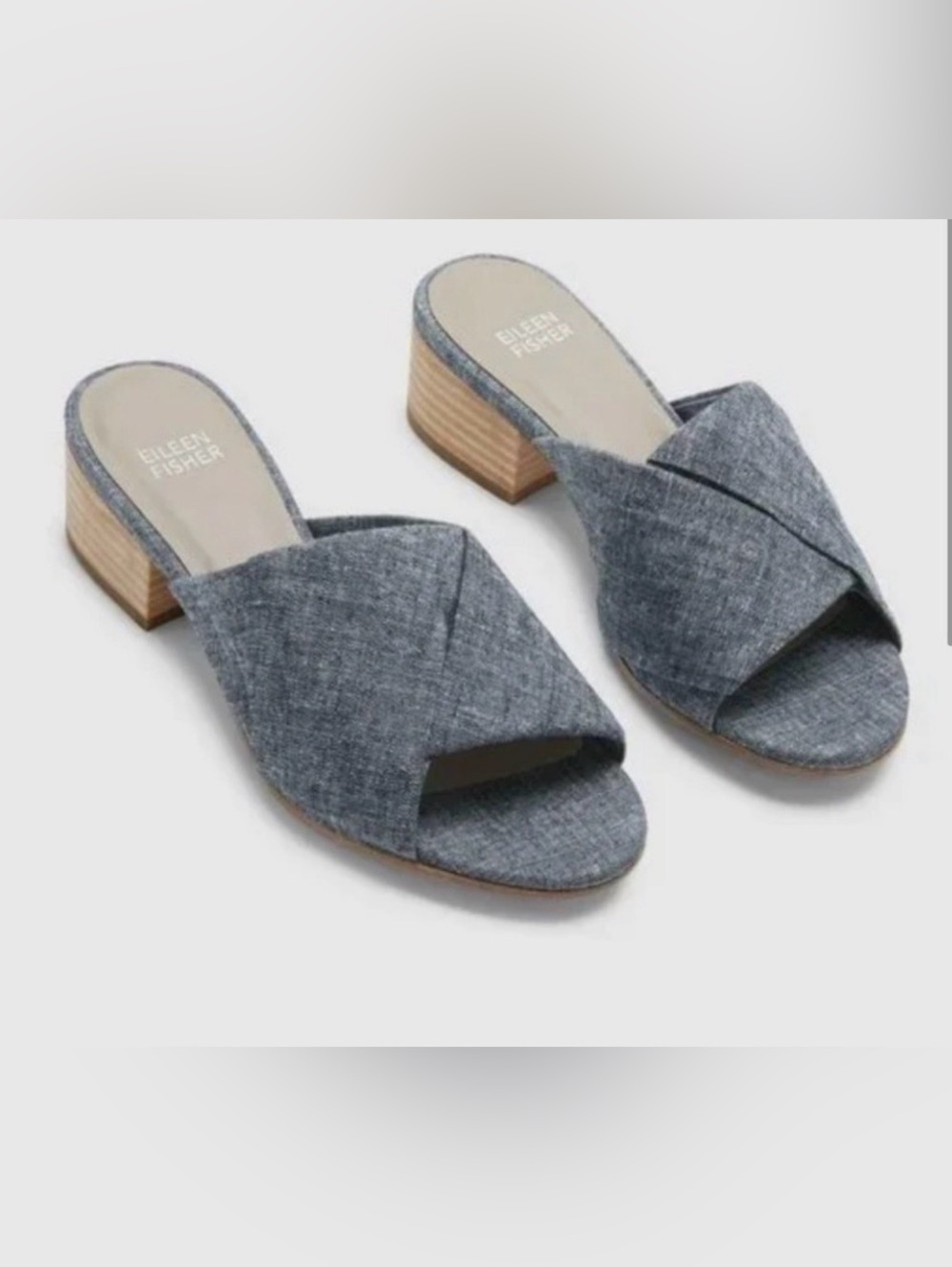 Eileen Fisher Women’s Ruche Chambray Denim Blue Slide Sandals Cotton Hemp Size 7